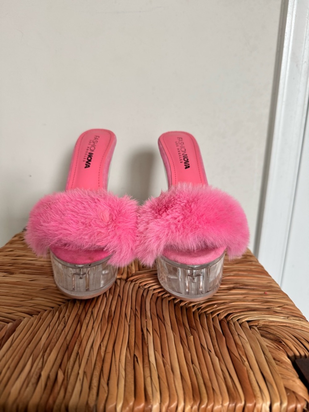 Fashion Nova Pink Fuzzy Clear Platform Slide Heels size 6
